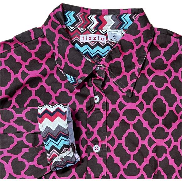 Tizzie Pink & Brown Geometric Trellis Print Button Down Shirt Womans Size Large - Picture 1 of 8